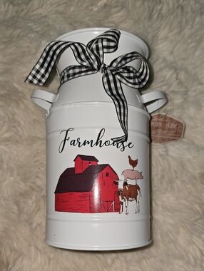 Farmhouse White Metal Milk Can with Red Barn Graphic